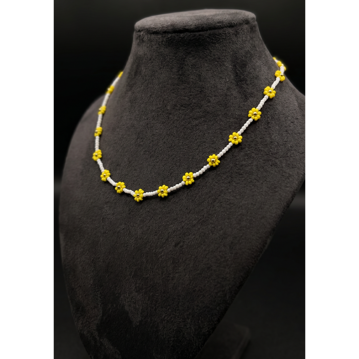 Handmade Yellow Daisy Beaded Necklace – White & Yellow Floral Choker