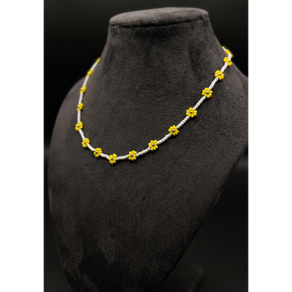 Handmade Yellow Daisy Beaded Necklace – White & Yellow Floral Choker