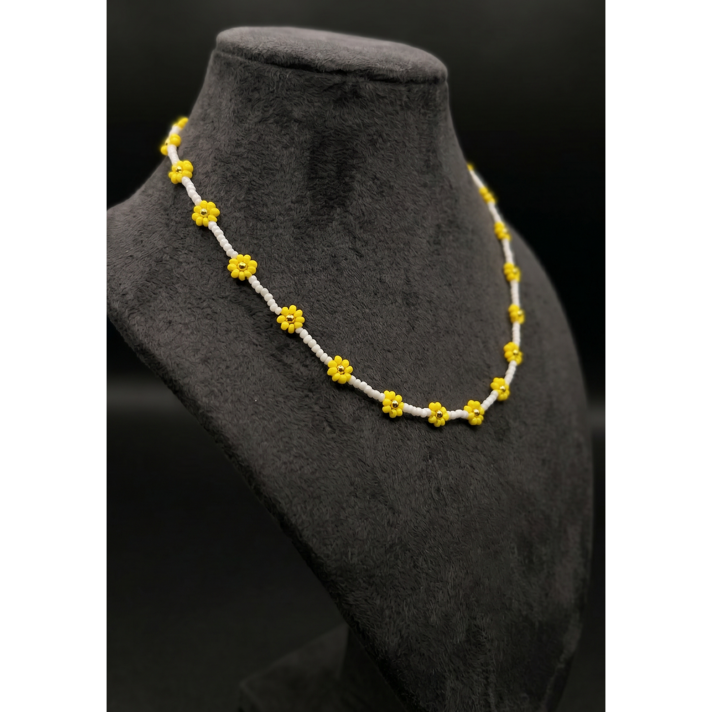 Handmade Yellow Daisy Beaded Necklace – White & Yellow Floral Choker