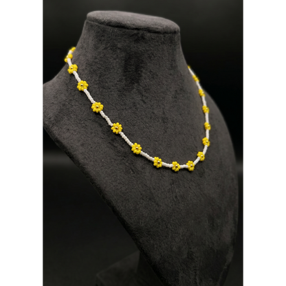 Handmade Yellow Daisy Beaded Necklace – White & Yellow Floral Choker