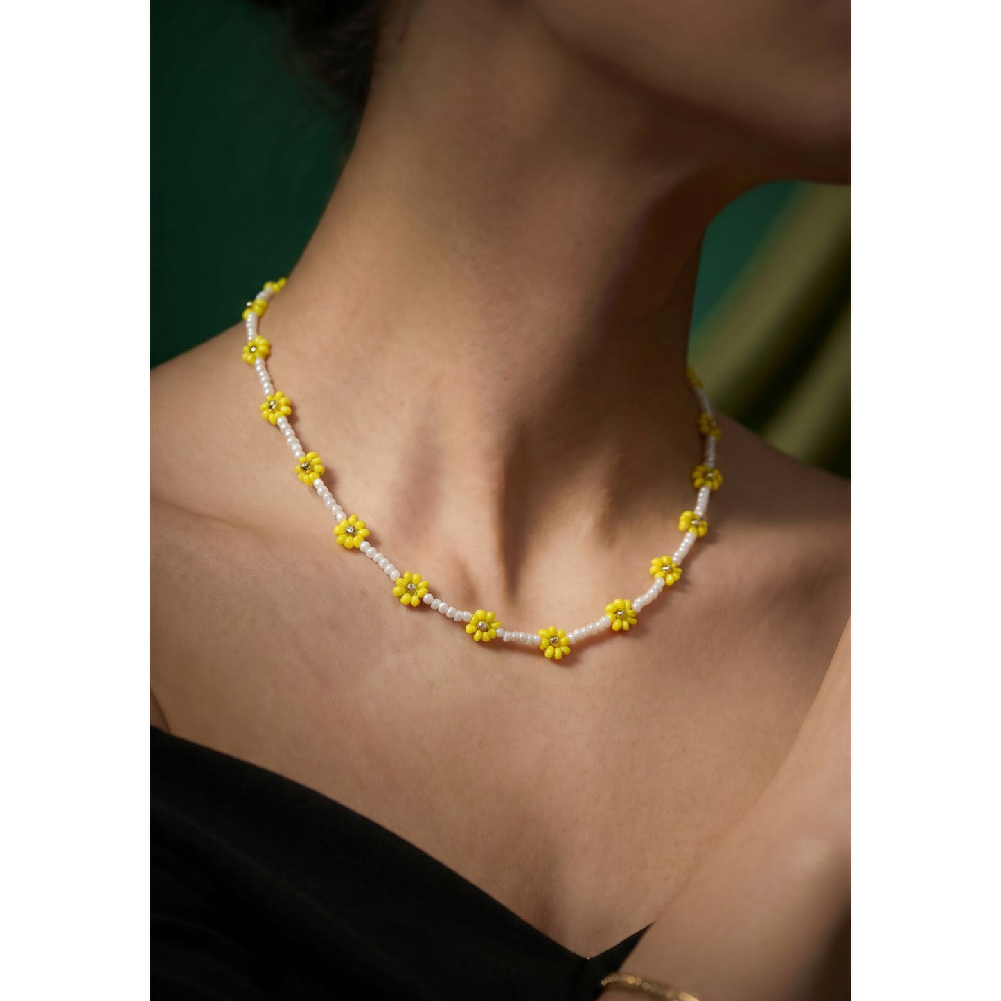 Handmade Yellow Daisy Beaded Necklace – White & Yellow Floral Choker