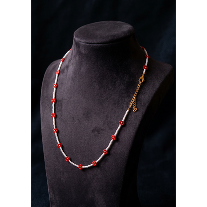 Handmade Red Daisy Beaded Necklace – White & Red Floral Choker with Gold Clasp