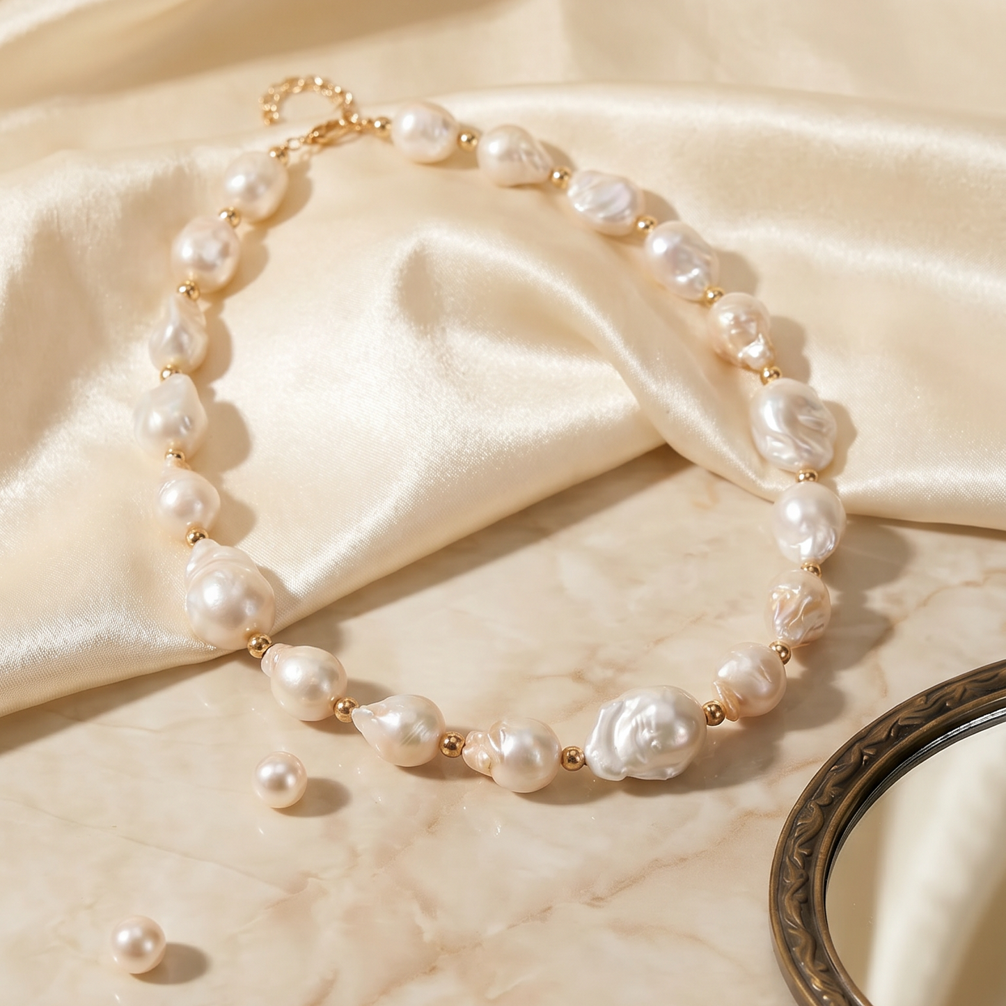 Gouri Jewel Baroque Pearl Necklace with Gold Accent Beads – Handcrafted Statement Choker
