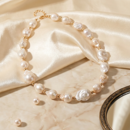 Gouri Jewel Baroque Pearl Necklace with Gold Accent Beads – Handcrafted Statement Choker