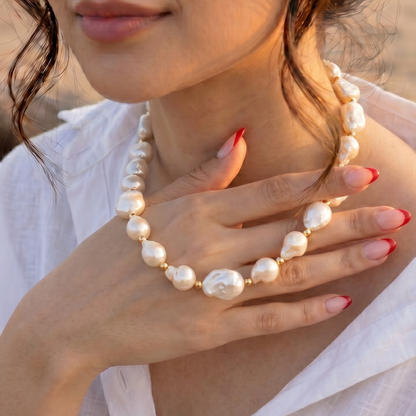 Gouri Jewel Baroque Pearl Necklace with Gold Accent Beads – Handcrafted Statement Choker