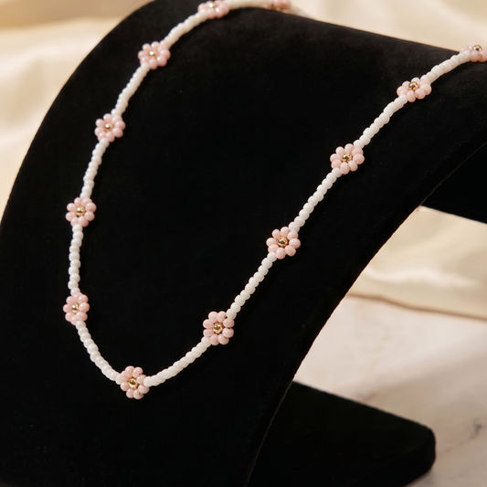 Handmade Pink Pearl Daisy Necklace – White & Pink Floral Beaded Chain