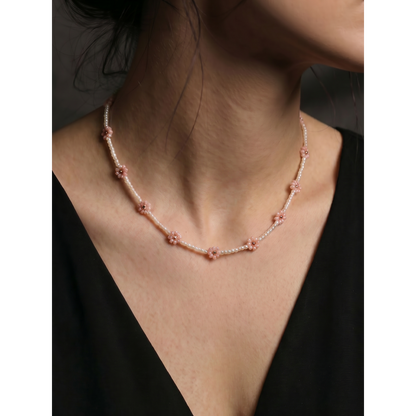 Handmade Pink Pearl Daisy Necklace – White & Pink Floral Beaded Chain