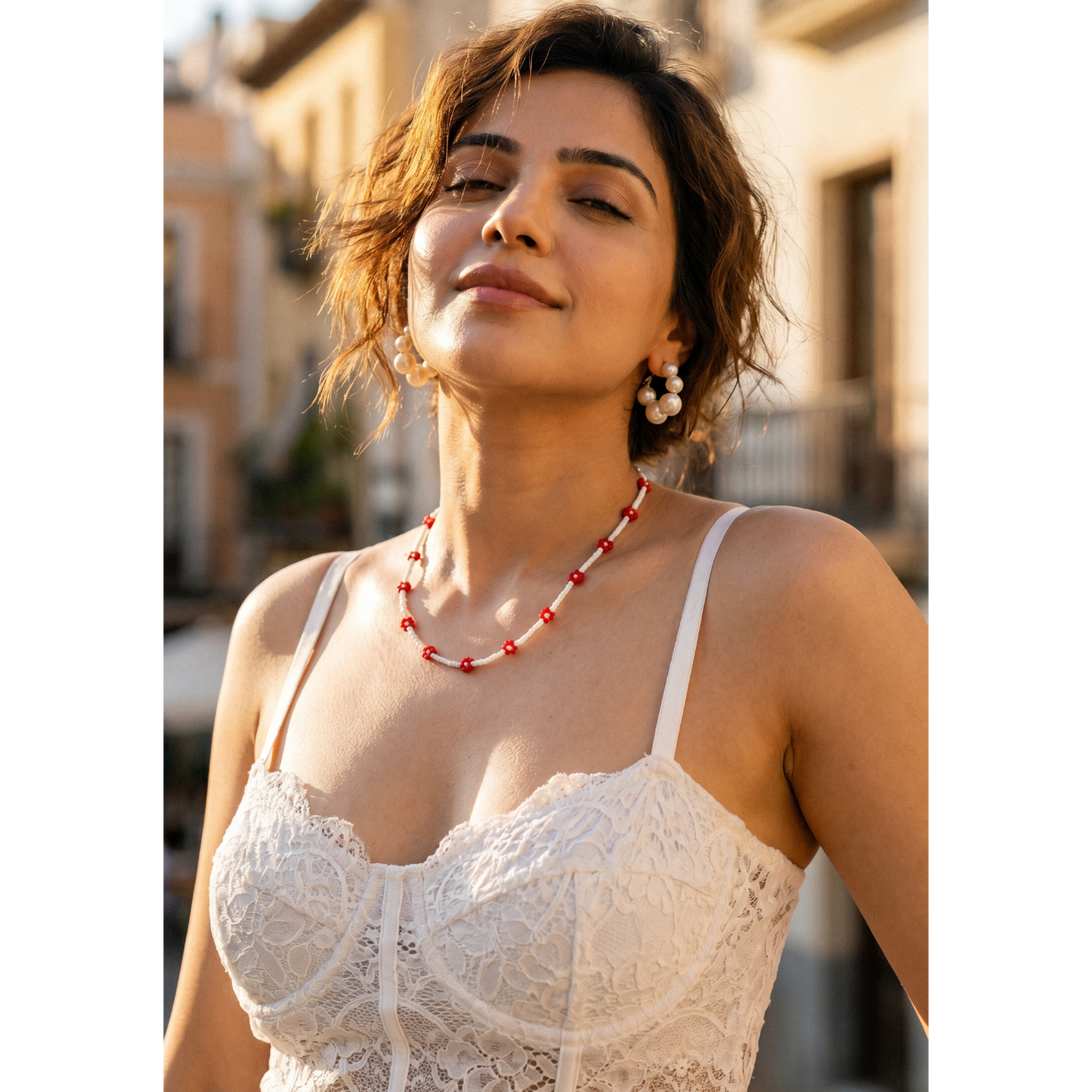Handmade Red Daisy Beaded Necklace – White & Red Floral Choker with Gold Clasp