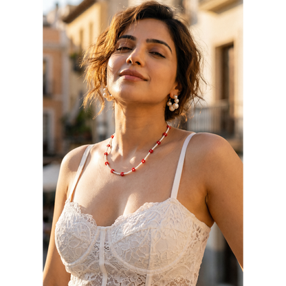 Handmade Red Daisy Beaded Necklace – White & Red Floral Choker with Gold Clasp