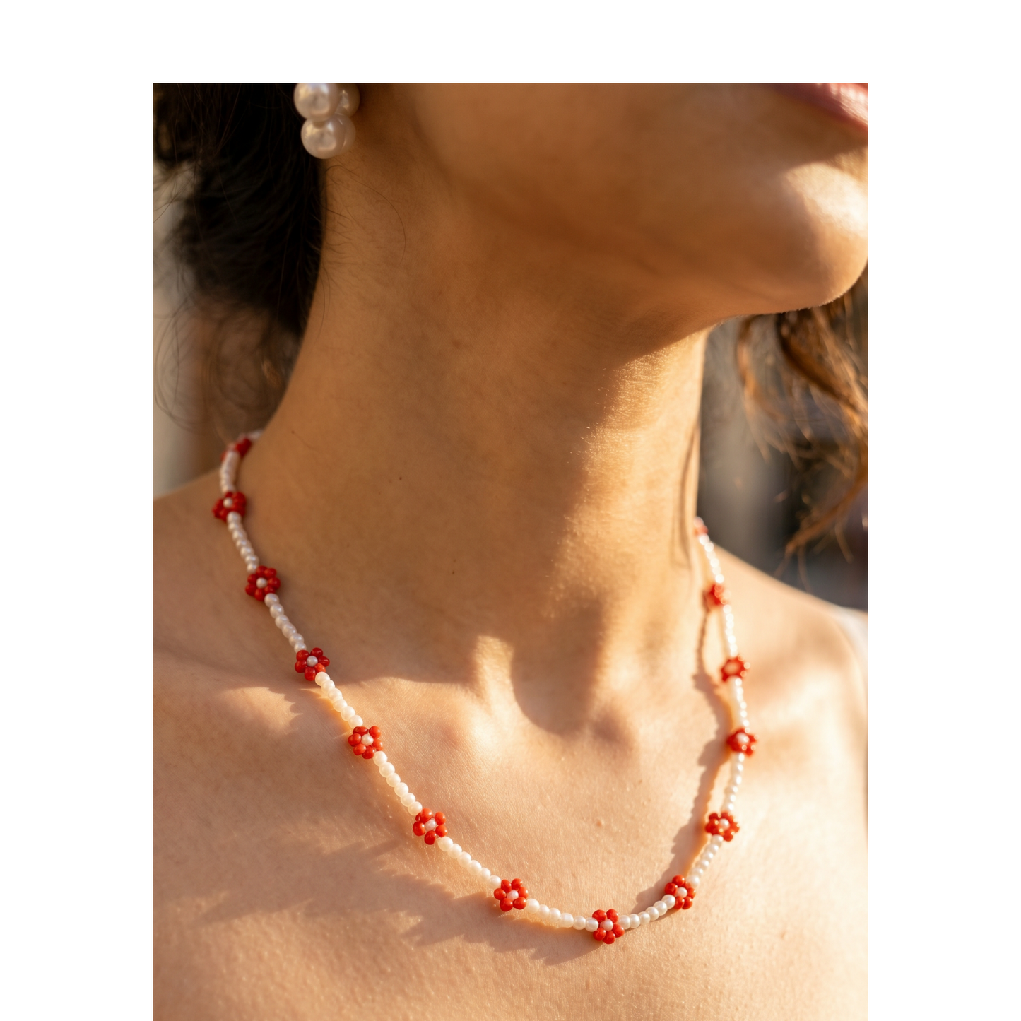 Handmade Red Daisy Beaded Necklace – White & Red Floral Choker with Gold Clasp