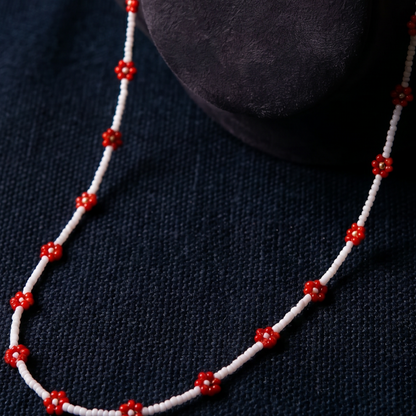 Handmade Red Daisy Beaded Necklace – White & Red Floral Choker with Gold Clasp