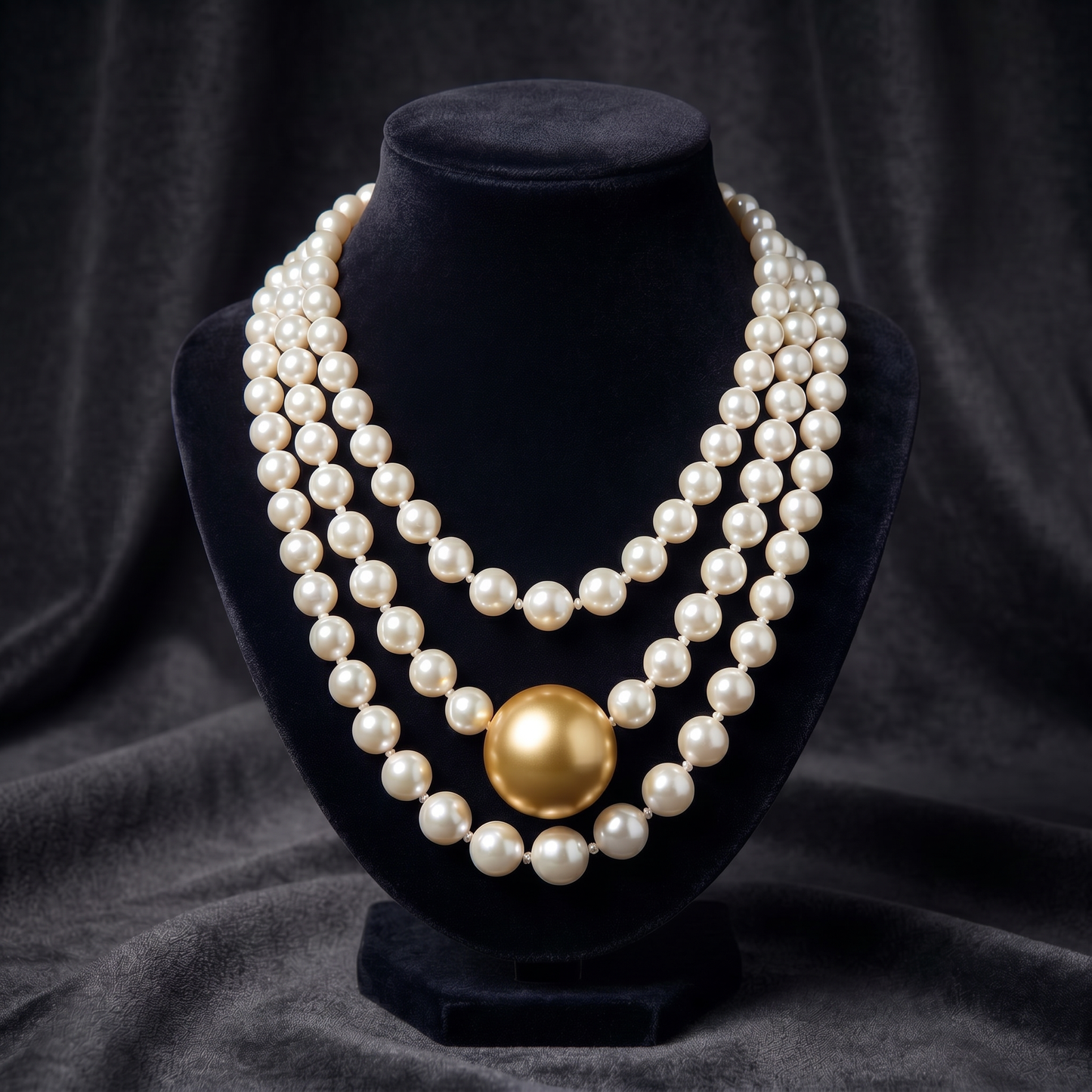 Triple Strand Pearl Necklace with Gold Center