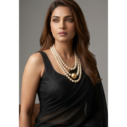 Triple Strand Pearl Necklace with Gold Center