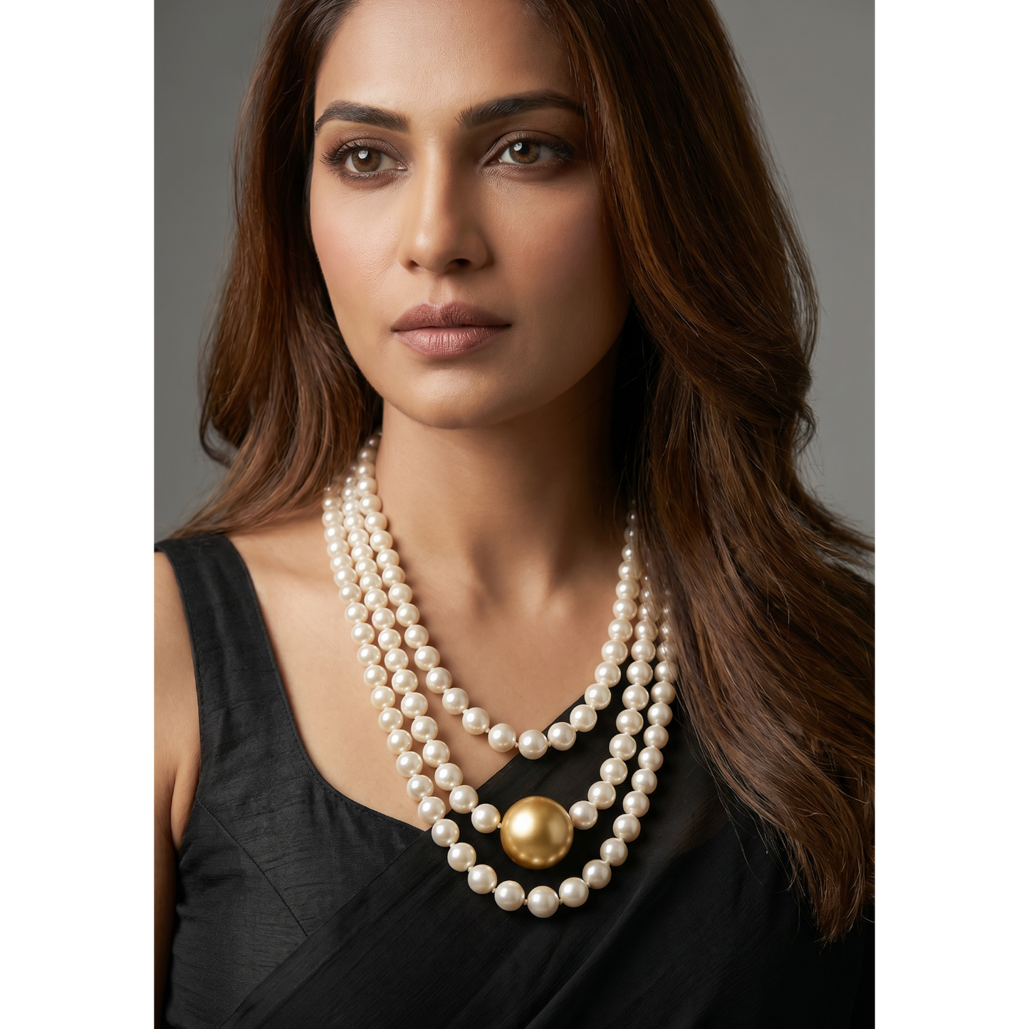 Triple Strand Pearl Necklace with Gold Center