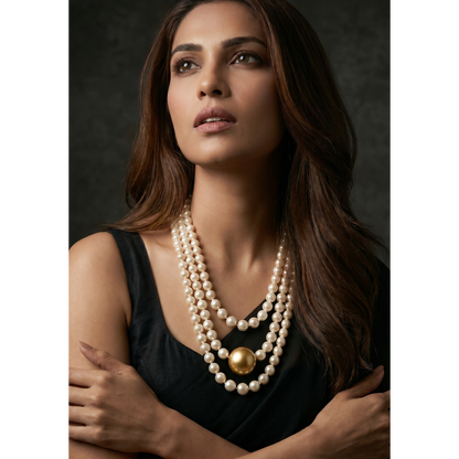 Triple Strand Pearl Necklace with Gold Center