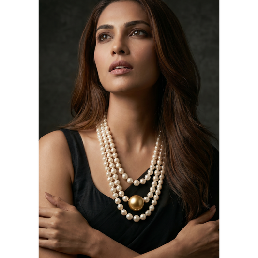 Triple Strand Pearl Necklace with Gold Center