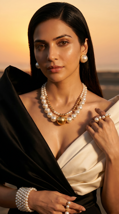 Luxury White Pearl & Gold Double Layer Necklace