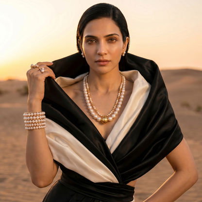 Luxury White Pearl & Gold Double Layer Necklace