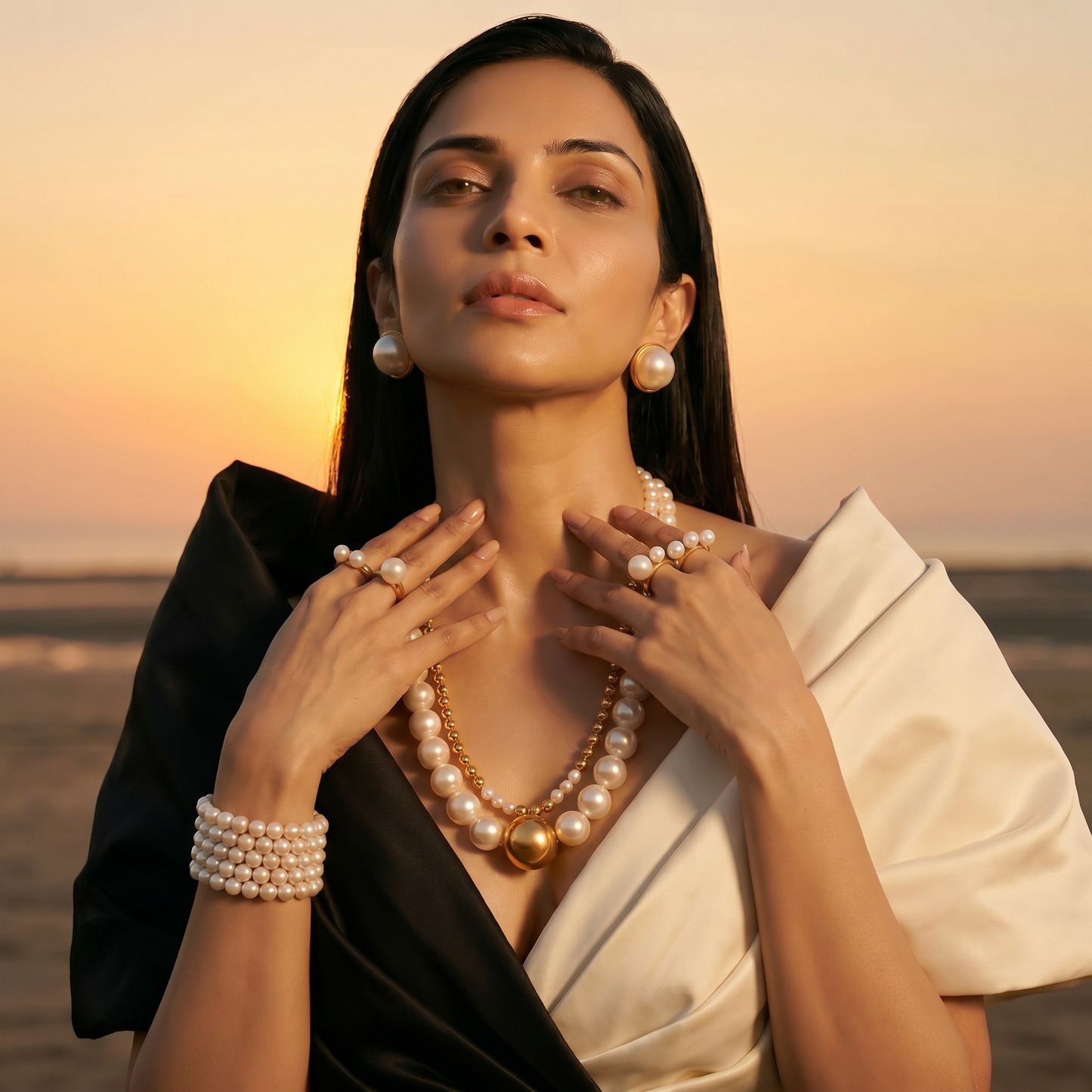 Luxury White Pearl & Gold Double Layer Necklace