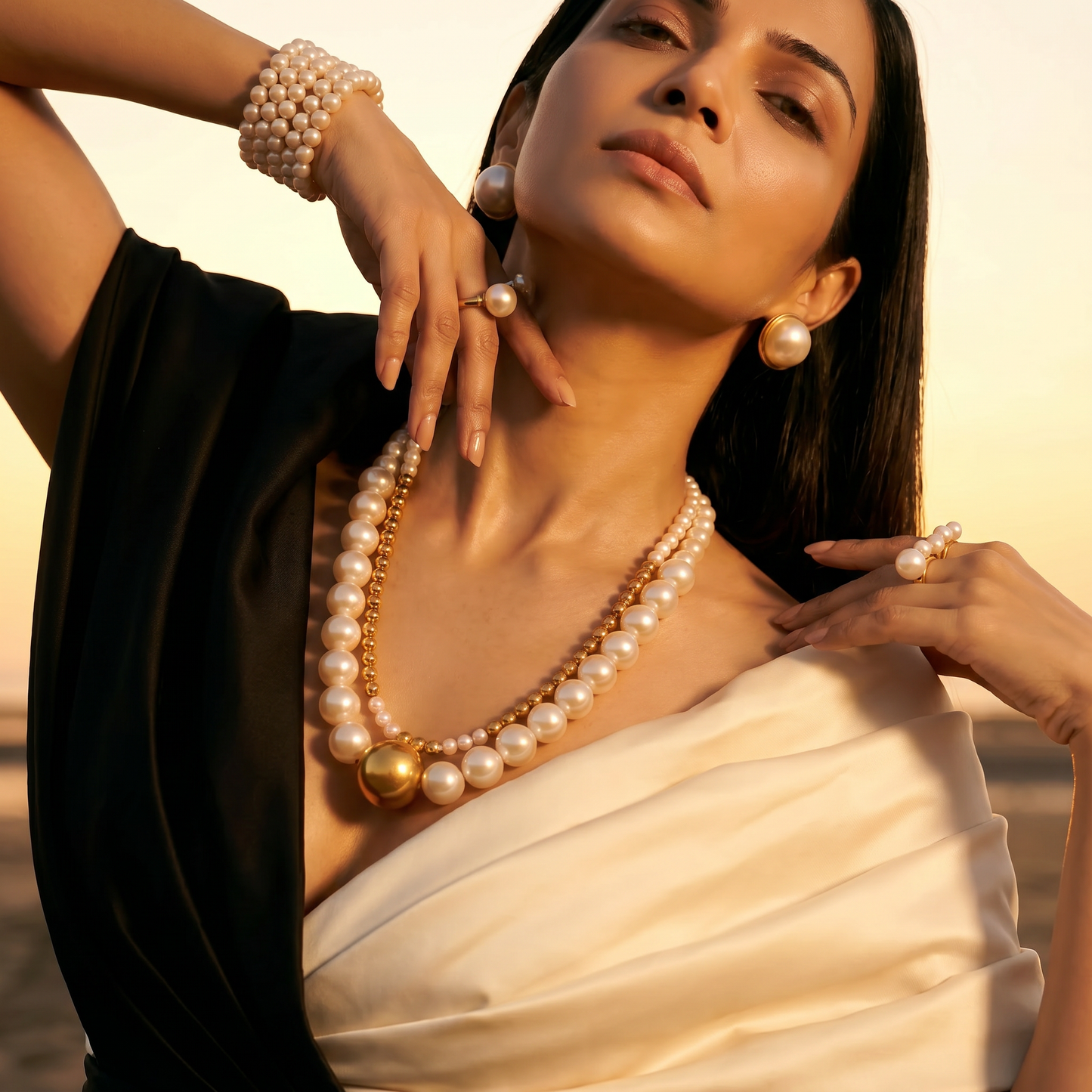 Luxury White Pearl & Gold Double Layer Necklace