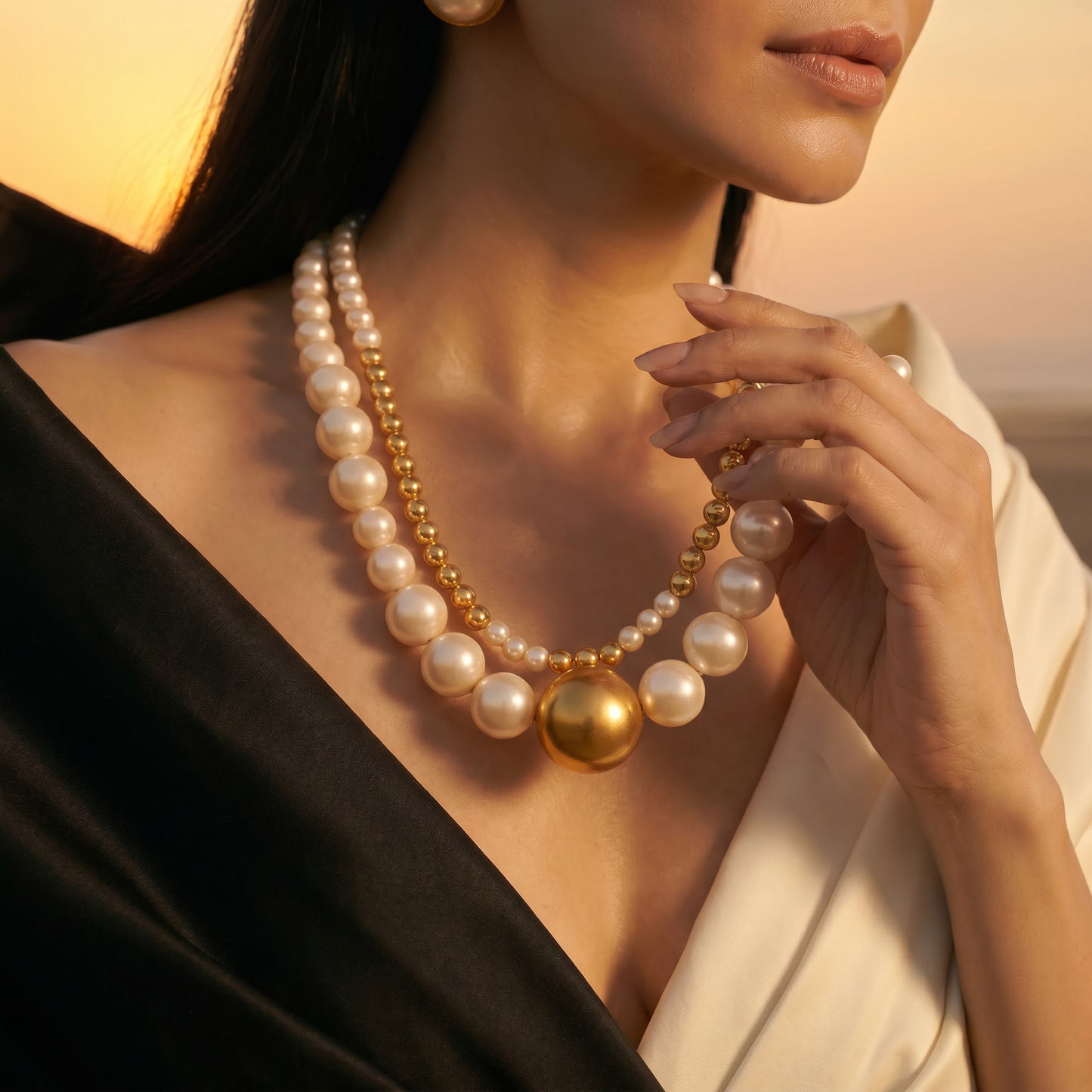 Luxury White Pearl & Gold Double Layer Necklace