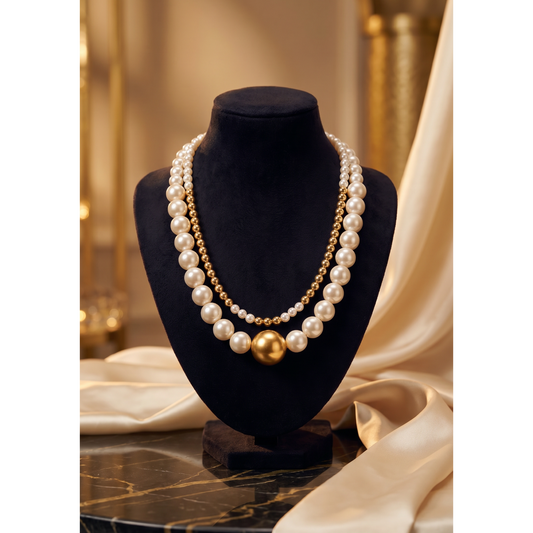 Luxury White Pearl & Gold Double Layer Necklace