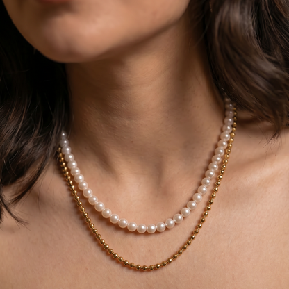 Elegant Dual Layer Pearl & Gold Bead Necklace