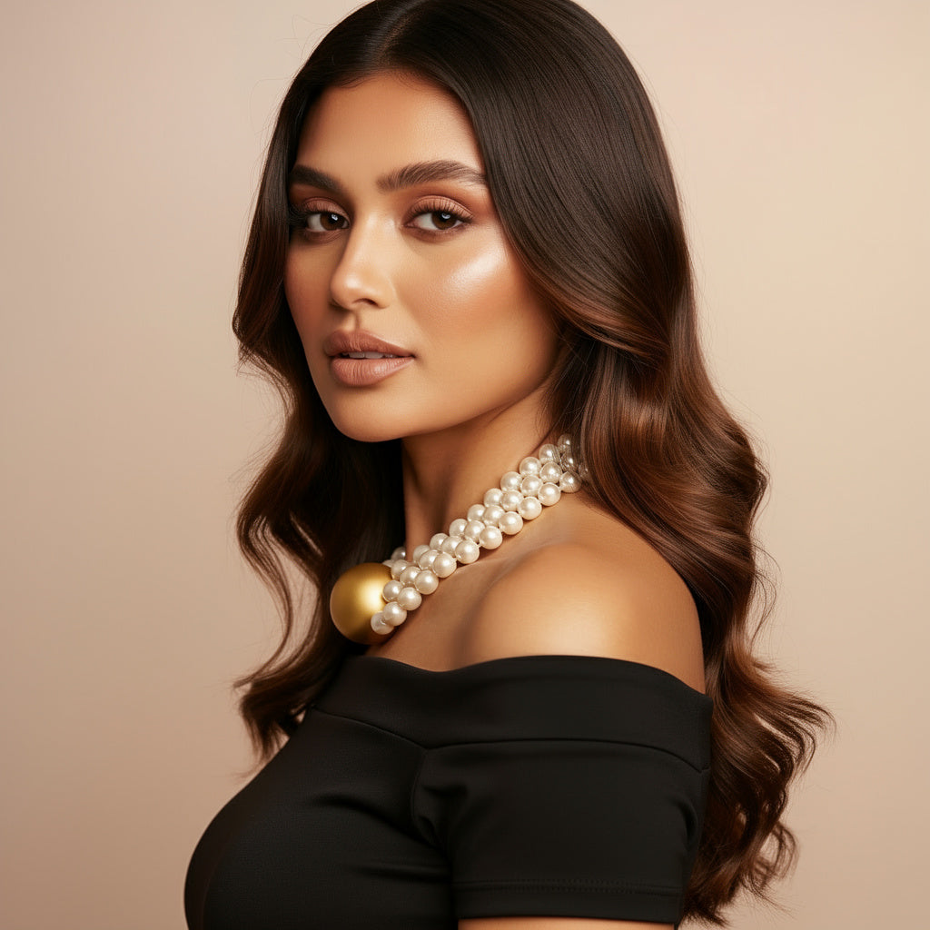 Triple Strand Elegance – White Pearl Choker with Golden Centerpiece