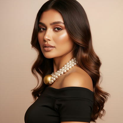 Triple Strand Elegance – White Pearl Choker with Golden Centerpiece