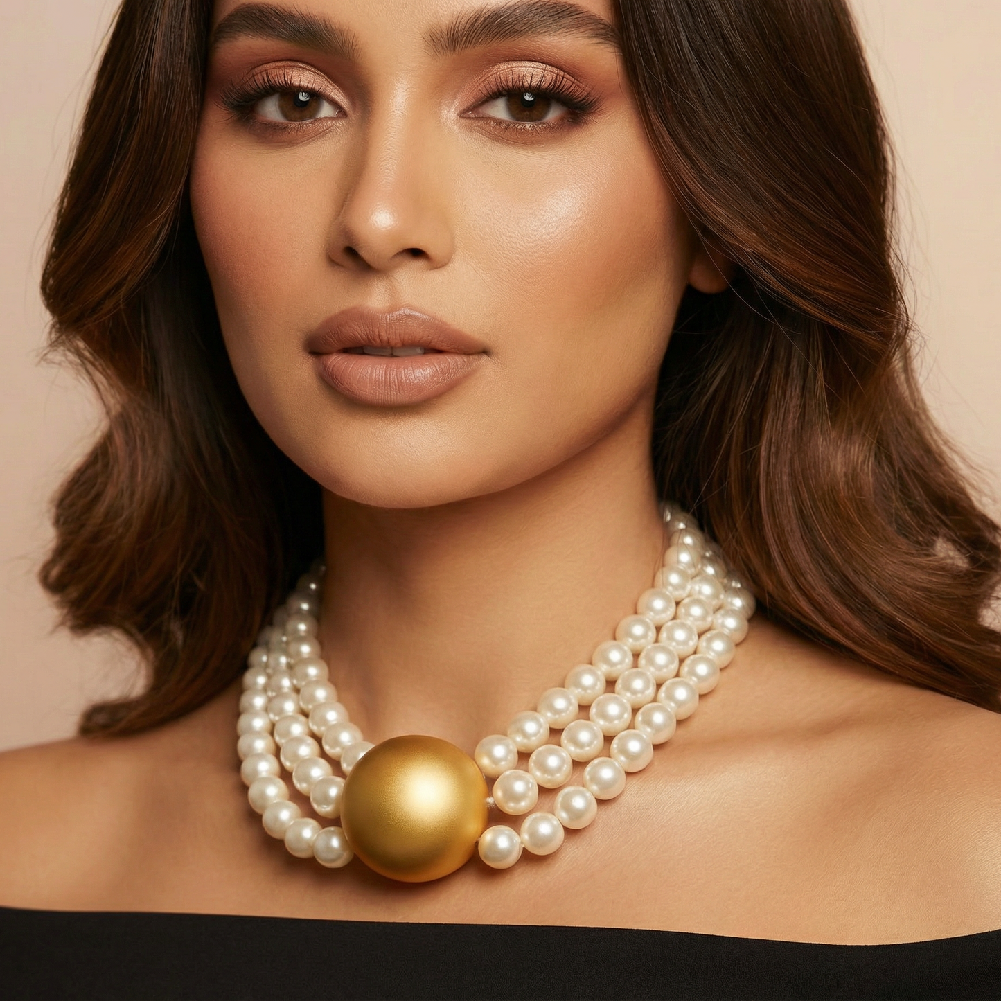 Triple Strand Elegance – White Pearl Choker with Golden Centerpiece