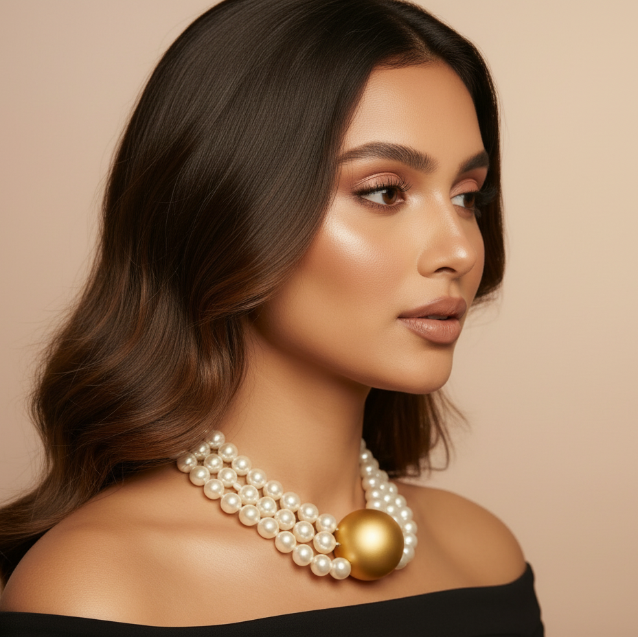 Triple Strand Elegance – White Pearl Choker with Golden Centerpiece