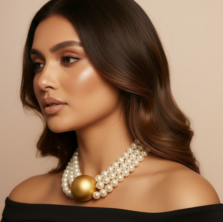 Triple Strand Elegance – White Pearl Choker with Golden Centerpiece