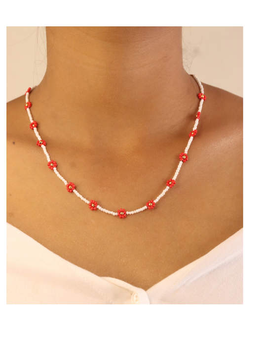 Red Daisy Bloom: Simple Handmade Necklace with White Beads