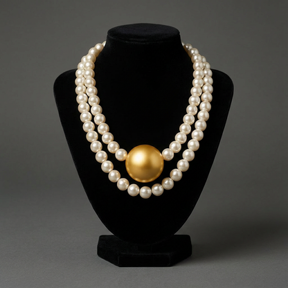 Golden Center Pearl Necklace with White Pearl Strand