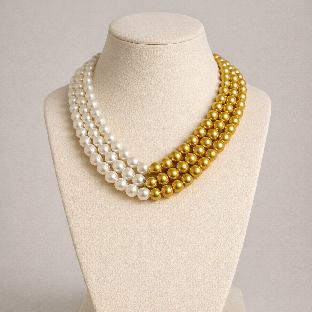 Elegant Dual-Tone Pearl & Gold Beaded Statement Necklace