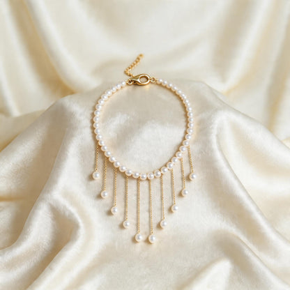 Elegant Pearl Drop Fringe Necklace - Gold Tassel Pearl Choker