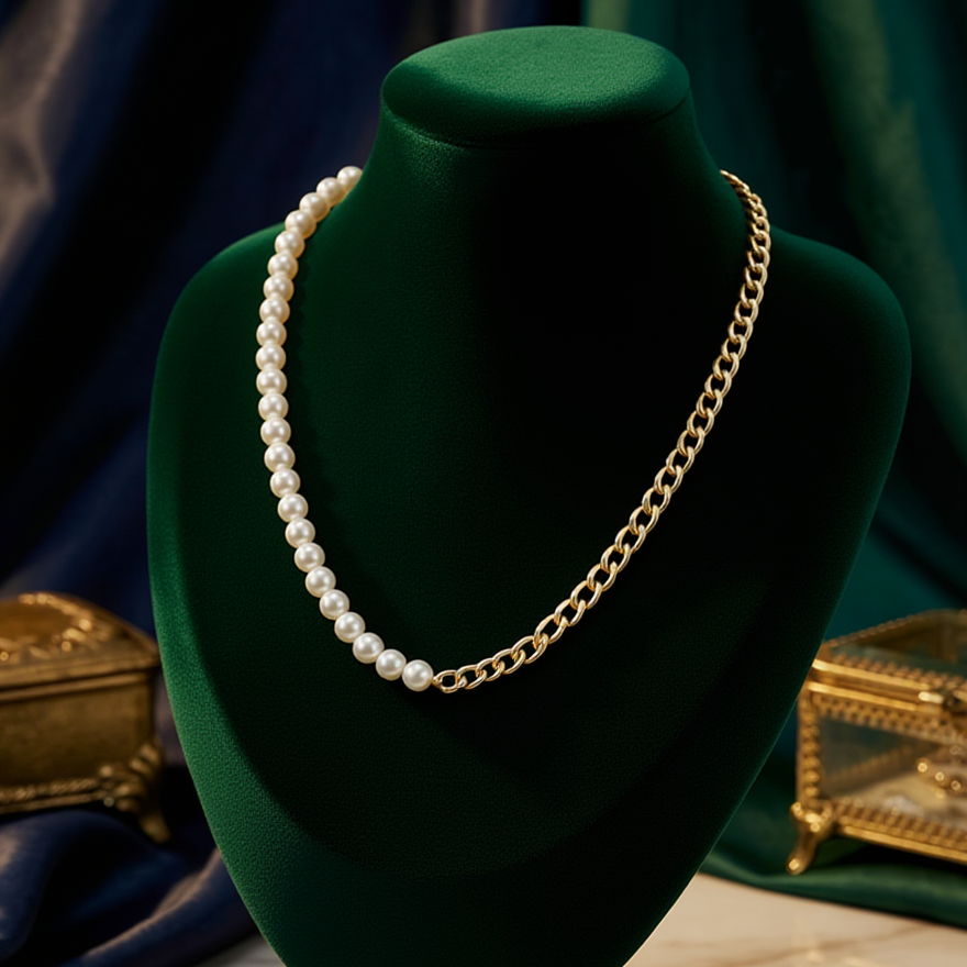 Half Pearl Half Chain Necklace