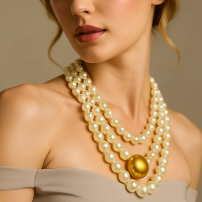 Triple Strand Elegance – White Pearl Choker with Golden Centerpiece