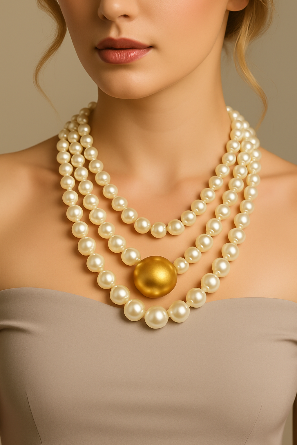 Triple Strand Elegance – White Pearl Choker with Golden Centerpiece