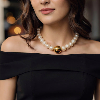 White Pearl Necklace with Gold Pearl Center