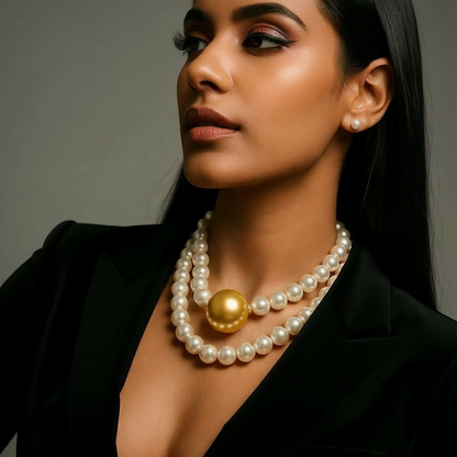 Golden Center Pearl Necklace with White Pearl Strand