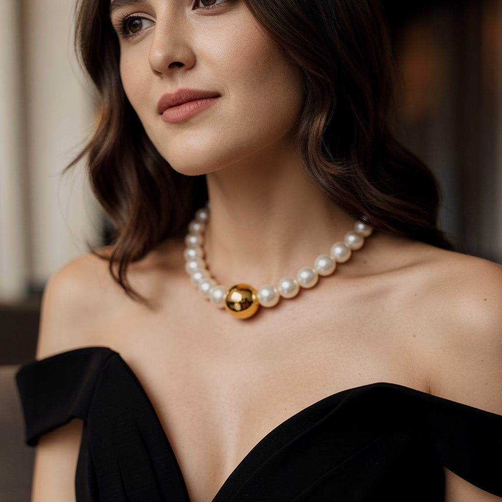 White Pearl Necklace with Gold Pearl Center