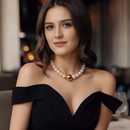 White Pearl Necklace with Gold Pearl Center