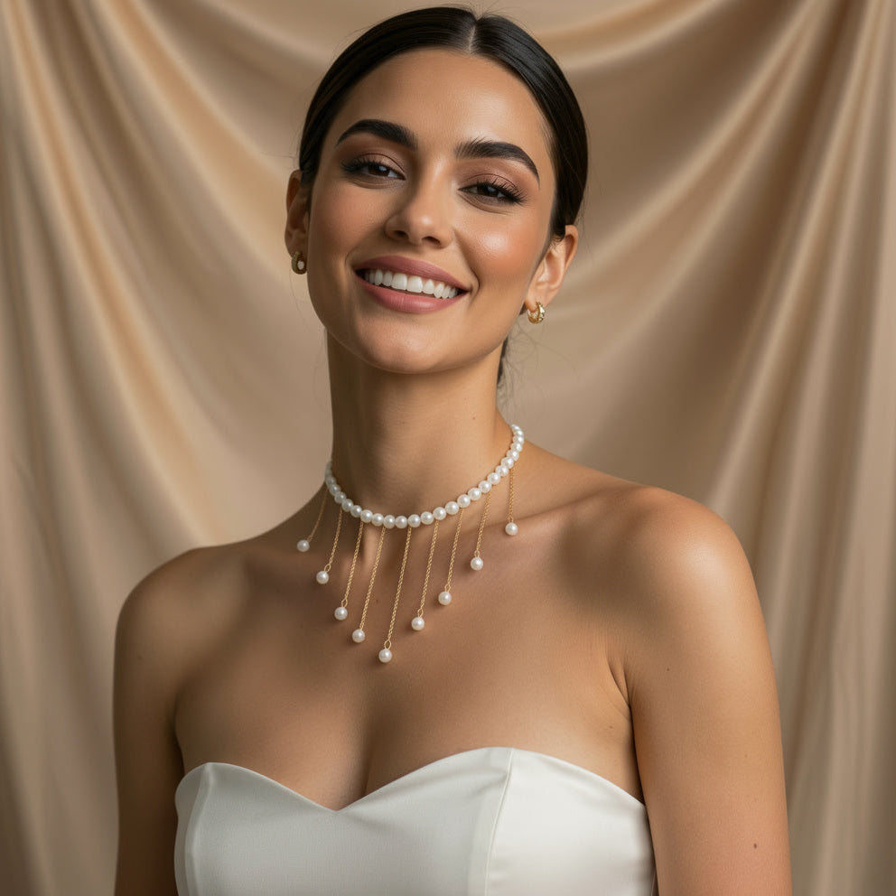 Elegant Pearl Drop Fringe Necklace - Gold Tassel Pearl Choker