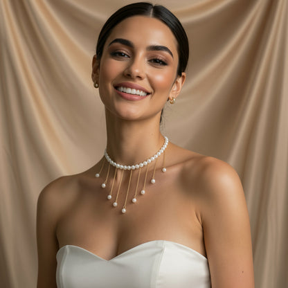 Elegant Pearl Drop Fringe Necklace - Gold Tassel Pearl Choker