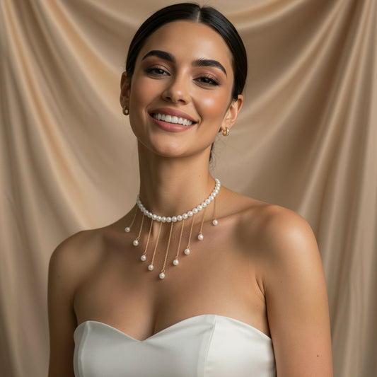 Elegant Pearl Drop Fringe Necklace - Gold Tassel Pearl Choker