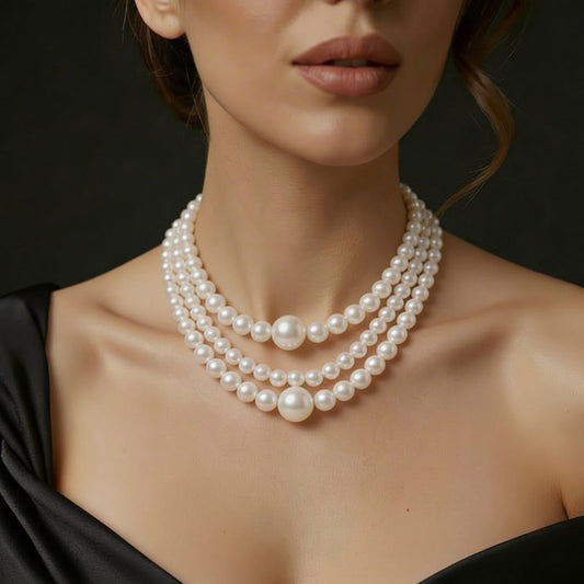 Triple Layer Artificial Pearl Necklace for Women | Elegant Classic Statement Pearl Jewellery