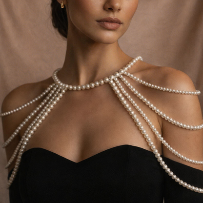 Luxury Pearl Shoulder Drape Necklace - Bridal Multi-Layer Body Jewelry with Cascading Pearls
