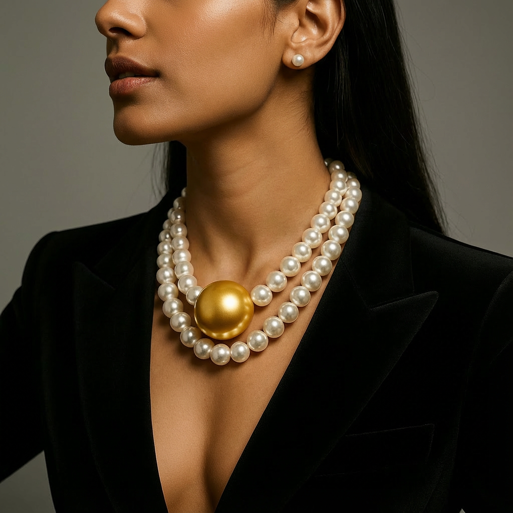 Golden Center Pearl Necklace with White Pearl Strand