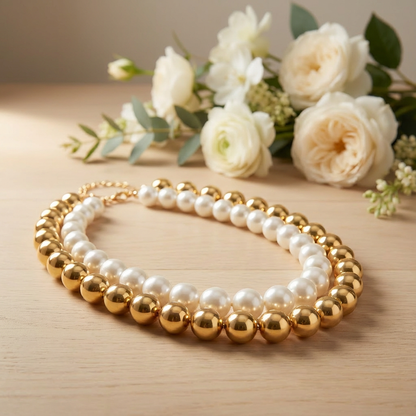 Elegant Duo Handmade White & Golden Pearl Choker